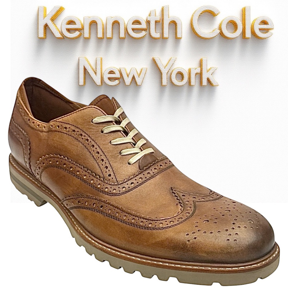 Kenneth Cole NY ABEO Brown Cognac Leather Wingtip Oxford Shoes Men’s 13N NWOB